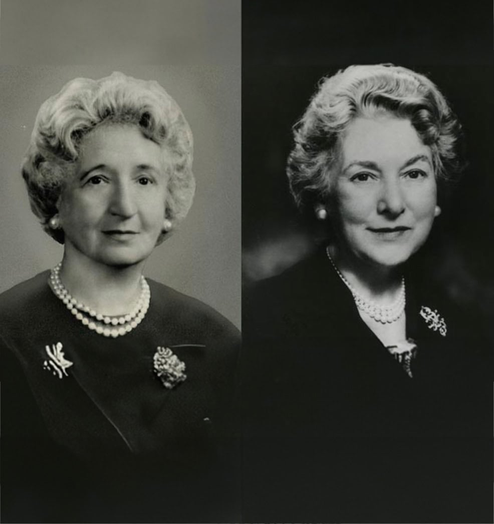 Black and white photos of two elderly women, both with short, wavy hairstyles. They are dressed in formal attire with brooches and pearl necklaces. The woman on the left has a slight smile, while the woman on the right is also smiling gently, evoking a bygone era reminiscent of Culinary Institute of America history.